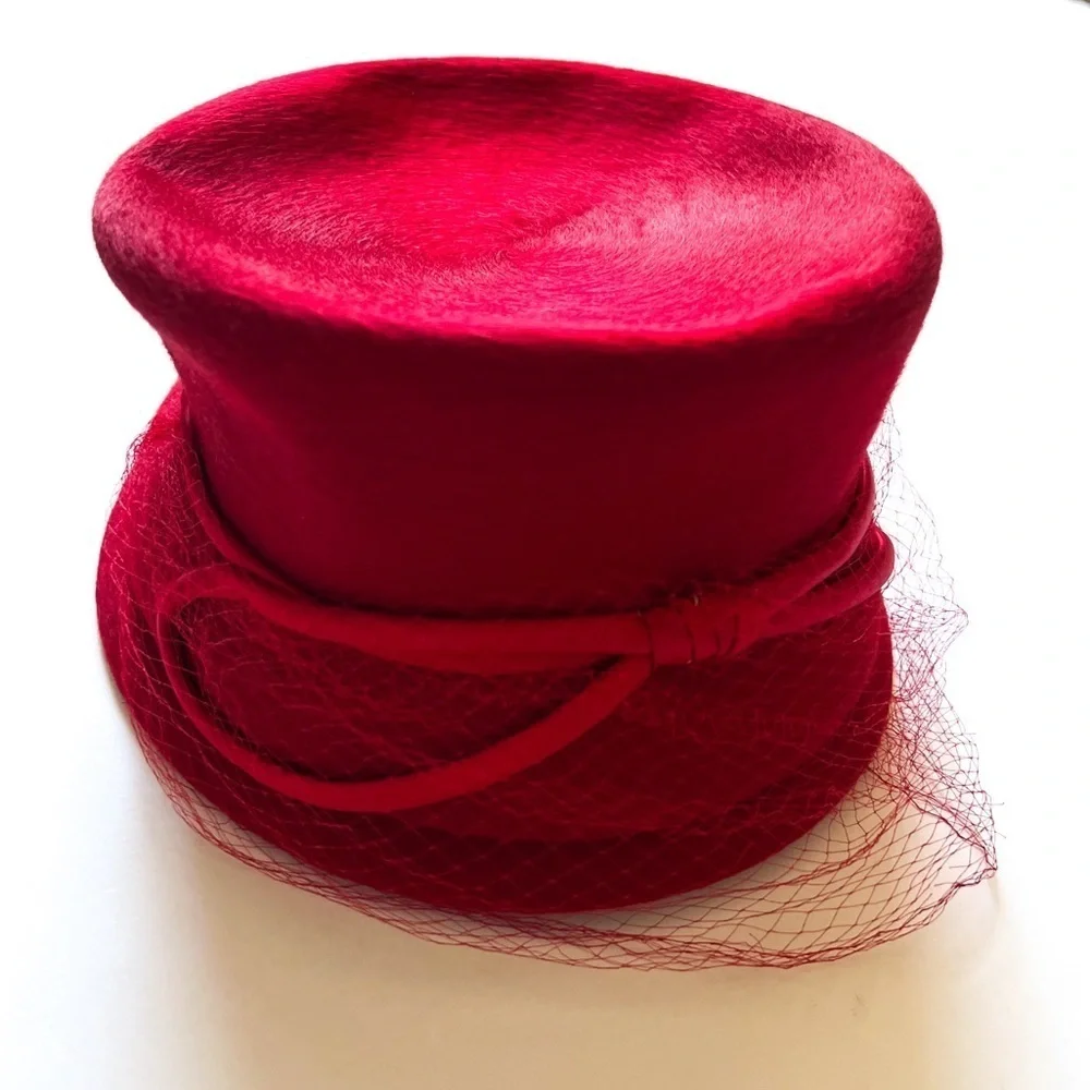 Vintage Netted Red Pillbox Felted Wool Hat by Henry Pollak NY Starfire